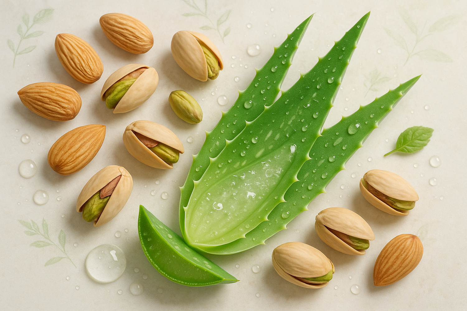 create an image in 1080x1080 which convey the idea 🌿 Collagen-Boosting Hydration
Nutrient-rich almonds, pista & aloe vera strengthen skin structure for lasting youthfulness.
