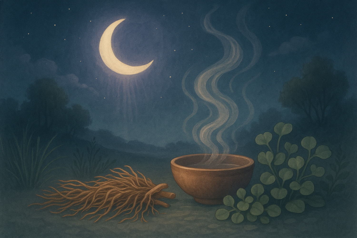 A calming, square-format Ayurvedic sleep concept illustration. A serene night scene with a glowing crescent moon above a peaceful natural setting. Include subtle visuals of Ayurvedic herbs like Jatamansi roots and Brahmi leaves placed near a clay bowl with steam rising gently, symbolizing natural sleep support. Use soft, soothing colors (deep blue, lavender, earthy greens) with a dreamy, tranquil atmosphere. No text anywhere on the image.