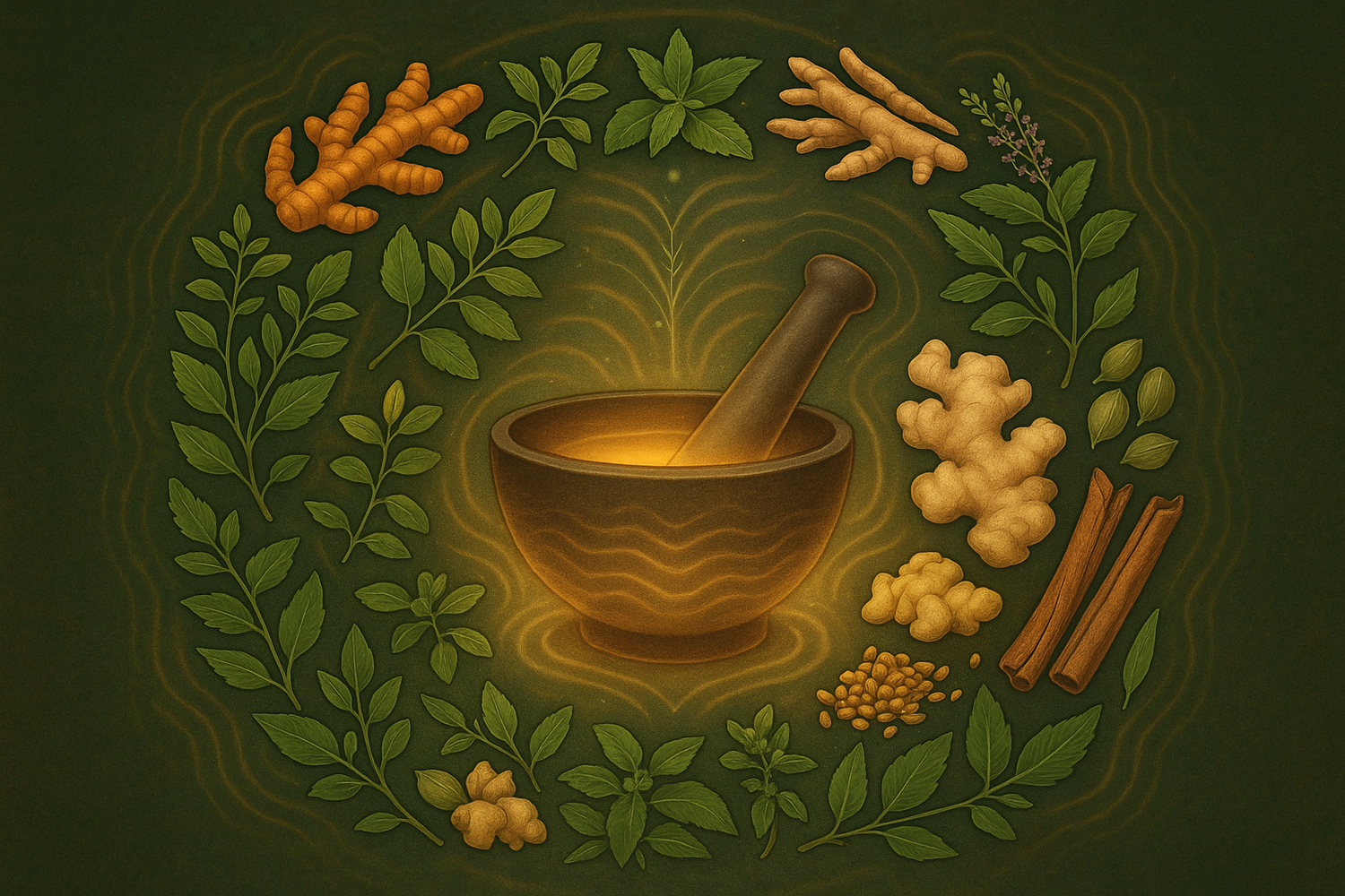 A square-format Ayurvedic wellness illustration showing a powerful herbal synergy. A glowing mortar and pestle or earthen bowl placed at the center, surrounded by an aura of 15 different herbs (roots, leaves, flowers, and seeds) subtly arranged in a circular flow, symbolizing unity. Gentle energy waves radiate outward, representing relief for joints, nerves, and muscles. Use soothing earthy tones—greens, browns, golden highlights—with a calm, holistic, and natural vibe. No text anywhere on the image.