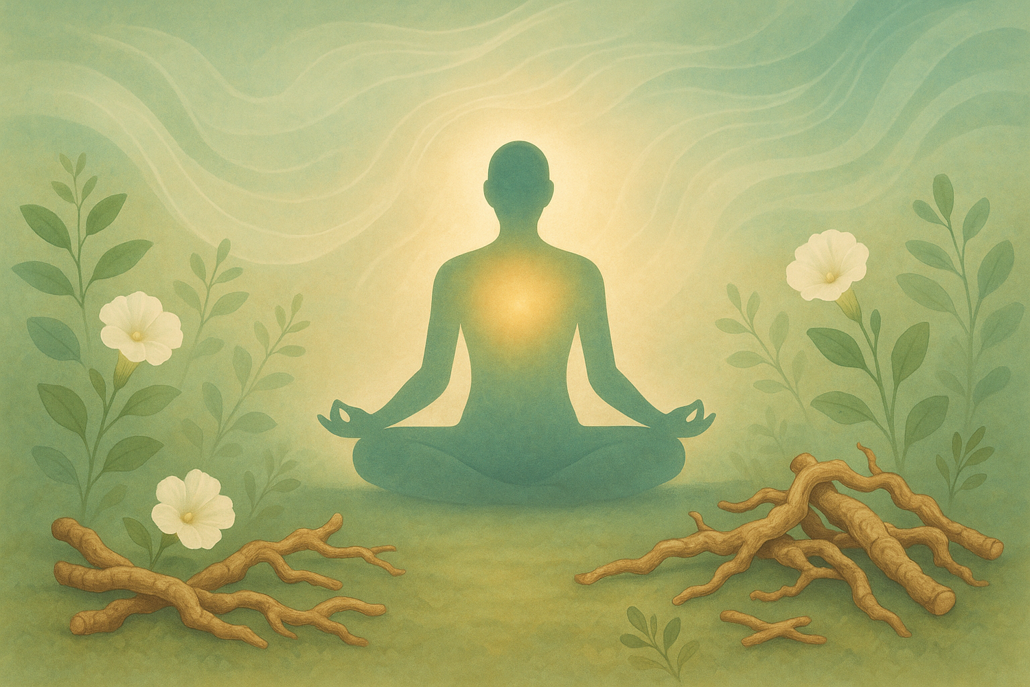 A tranquil, square-format Ayurvedic wellness scene. A calm meditative figure silhouette in a peaceful natural setting with soft glowing light. Surround the figure with subtle depictions of Ashwagandha roots and Shankhpushpi flowers, symbolizing calm mind and reduced stress. Gentle flowing energy waves in the background, with soothing colors like soft greens, blues, and warm earthy tones to evoke relaxation, balance, and emotional wellbeing. No text anywhere on the image.
