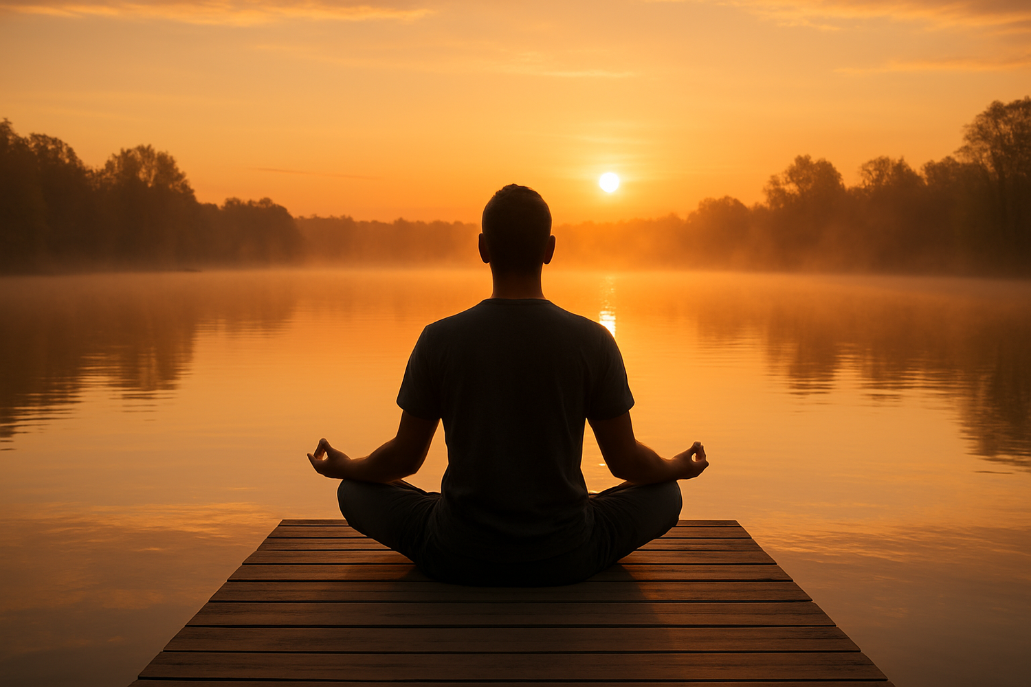 Man meditating on a wooden dock by a lake at sunrise